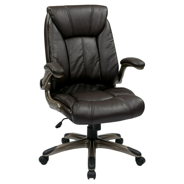 Office Star Mid Back Bonded Leather Executives Chair with Padded Flip Arms and Cocoa Coated Accents Espresso 